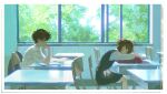  1boy 1girl brown_hair cardcaptor_sakura classroom closed_eyes day head_rest highres kinomoto_sakura li_syaoran ling5707 looking_at_another profile school_uniform shirt short_hair sitting skirt sunlight vest white_shirt window 