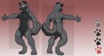  4_fingers anthro arturo_wolff back_markings black_body black_fur canid canine canis countershading digitigrade fingers fur gradient_background grey_body grey_fur groudus hair hi_res male mammal markings model_sheet muscular notched_ear nude red_eyes reverse_countershading scar short_hair simple_background solo wolf 
