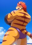  absurd_res angry anthro blush butt clothed clothing felid fur hair hi_res lifewonders looking_at_viewer looking_back male mammal nomad_(tas) orange_body orange_fur pantherine rear_view red_hair solo speedo striped_body striped_fur stripes swimwear tiger tokyo_afterschool_summoners topless undressing zyuzinka 