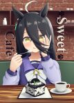  1girl ahoge animal_ears black_hair bow brick_wall cake cake_slice coffee coffee_mug cup drink earrings eating food hair_between_eyes highres horse_ears horse_girl iggy@cafe jewelry long_hair manhattan_cafe_(umamusume) mug multicolored_hair purple_shirt saucer school_uniform shirt single_earring sitting solo spoon table tongue tongue_out tracen_school_uniform two-tone_hair umamusume white_bow white_hair yellow_eyes 