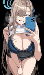  1girl asuna_(blue_archive) blue_archive blue_eyes blue_ribbon blush breasts cellphone grin hair_over_one_eye hair_ribbon halo hella_p highres large_breasts leaning_forward light_brown_hair long_hair looking_at_viewer phone ribbon smile solo very_long_hair 