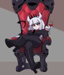  1girl alcohol black_footwear boots breasts chair cup demon_girl demon_horns demon_tail drinking_glass gloves helltaker high_heel_boots high_heels highres horns large_breasts long_hair looking_at_viewer lucifer_(helltaker) mole mole_under_eye muds necktie red_eyes red_shirt shirt sitting solo tail white_hair white_horns wine wine_glass 