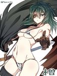  bikini breasts brown_gloves cape eyepatch gloves green_hair highres kantai_collection kiso_(kantai_collection) large_breasts looking_at_viewer remodel_(kantai_collection) simple_background solo standing super_zombie swimsuit sword weapon white_background 