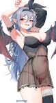  1girl :d absurdres arm_strap armpits arms_up artist_name babydoll bat_wings black_headband black_panties black_sleeves black_thighhighs black_wings blue_hair blush breasts cleavage commentary commission cowboy_shot detached_sleeves earrings enferverge english_commentary fangs frilled_thighhighs frills hair_between_eyes hair_ornament hairclip headband highres indie_virtual_youtuber jewelry large_breasts long_hair looking_at_viewer navel open_mouth panties pointy_ears red_eyes see-through simple_background single_detached_sleeve single_thighhigh skindentation smile solo spaghetti_strap standing stomach string_panties stud_earrings thighhighs underwear white_background wings x_hair_ornament 