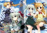  2girls blonde_hair blush building dress einhart_stratos fujima_takuya green_hair hair_ornament hand_holding happy heterochromia lyrical_nanoha mahou_shoujo_lyrical_nanoha mahou_shoujo_lyrical_nanoha_vivid multiple_girls official_art scan skirt smile translation_request vivio yuri 