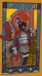  2021 anthro armor banner banoncat canid canine cape chainmail clothing flag flower gloves handwear hi_res looking_at_viewer male mammal medieval_armor medieval_clothing outside painting_(object) plant raccoon_dog shield solo tanuki tree 