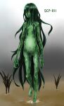 5_fingers 5_toes amphibian amphibian_humanoid animal_humanoid barefoot belly black_sclera breasts character_name expressionless featureless_breasts featureless_crotch feet female female_humanoid fingers full-length_portrait glistening glistening_body gradient_background green_body green_hair green_skin hair hair_between_eyes hayama_oz hi_res humanoid humanoid_feet long_hair markings membrane_(anatomy) navel nude plant plantigrade portrait scp-811 scp_foundation simple_background small_breasts solo spots spotted_body spotted_skin swamp toes walking water webbed_hands yellow_eyes