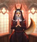  2024 anthro belt big_breasts breasts canid canine clothed clothing digital_media_(artwork) female fur hair hi_res huge_breasts lipstick looking_at_viewer makeup mammal nun nun_outfit open_mouth prayer_hands praying red_eyes religious_clothing scarlet_side smile solo tail thick_thighs 