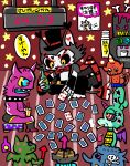  absurd_res ambiguous_gender ambiguous_species anthro bottle card chico clothed clothing container demon domestic_cat felid feline felis female group hazbin_hotel hi_res husk_(hazbin_hotel) japanese_text male mammal playing_card smoking text translation_request wings 