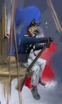  2023 anthro avian banoncat bird canid canine canis clothing colonial_dress domestic_dog french_flag gun hi_res male mammal military_uniform musket on_ship pouch_(clothing) ranged_weapon reloading rope sitting solo uniform weapon 