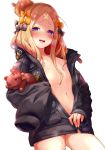  1girl abigail_williams_(fate/grand_order) alternate_hairstyle bandaid_on_forehead bangs belt bitou_(bitoumaturi) black_bow black_jacket blonde_hair blue_eyes blush bow breasts collarbone crossed_bandaids exhibitionism fate/grand_order fate_(series) forehead hair_bow hair_bun heroic_spirit_traveling_outfit high_collar highres holding holding_stuffed_animal jacket long_hair long_sleeves looking_at_viewer naked_coat navel nipples open_clothes open_jacket open_mouth orange_bow parted_bangs polka_dot polka_dot_bow simple_background sleeves_past_fingers sleeves_past_wrists small_breasts smile solo stuffed_animal stuffed_toy sweat teddy_bear white_background 