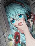  1girl :d absurdres blush chain circular_saw door green_eyes green_hair hair_ornament hatsune_miku heart highres holding hymgkamui looking_at_viewer meme open_door open_mouth pov_cheek_grabbing_(meme) saw smile solo_focus teeth tongue twintails vocaloid yandere 