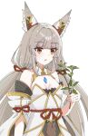  1girl animal_ears bell breasts cat_ears cleavage core_crystal_(xenoblade) dark_skin detached_sleeves facial_mark flower grey_hair highres holding holding_flower leotard long_hair mo_equal_pu nia_(blade)_(xenoblade) nia_(xenoblade) open_mouth rope_around_waist small_breasts solo twintails upper_body very_long_hair whisker_markings xenoblade_chronicles_(series) xenoblade_chronicles_2 