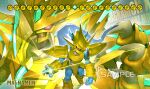  absurdres alternate_form armor artist_name blue_skin bly_mead character_name chest_jewel colored_skin digimon digimon_card_game dragon fewer_digits forehead_jewel gold_armor gold_footwear gold_helmet highres magnamon magnamon_x-antibody orange_skin powering_up red_eyes sample_watermark watermark white_skin 