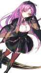  black_gloves boots breasts coat collared_shirt eiyuu_densetsu gloves hair_ribbon high-waist_skirt highres holding holding_scythe kuro_no_kiseki kuro_no_kiseki_ii long_hair looking_at_viewer madou_zakura medium_breasts open_clothes open_coat pantyhose purple_hair renne_(eiyuu_densetsu) ribbon scythe shirt skirt smile yellow_eyes 