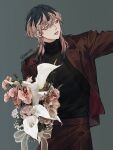  1boy arm_up black_shirt bouquet brown_jacket brown_pants closed_mouth ear_piercing flower haitani_rindou head_tilt highres holding holding_bouquet jacket leather leather_jacket looking_to_the_side male_focus medium_hair multicolored_hair open_clothes open_jacket pants piercing pink_flower purple_eyes rakressy shirt simple_background solo streaked_hair tokyo_revengers turtleneck twitter_username upper_body white_flower wolf_cut 