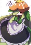  1girl apron black_bow black_dress blush bow colored_skin dress green_hair highres lilligant looking_at_viewer maid maid_apron monster_girl my_(my_6633) no_humans plant_girl plant_hair pokemon pokemon_(creature) solo twitter_username white_apron white_background white_skin 