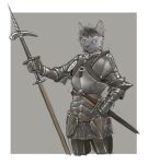  2023 anthro banoncat bladed_weapon chainmail domestic_cat felid feline felis hair hi_res holding_object holding_weapon male mammal medieval_armor melee_weapon polearm scabbard siamese solo spear straps sword two_tone_face weapon 