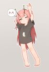  &gt;_&lt; 1girl arms_behind_head barefoot black_shirt bright_pupils brown_eyes closed_mouth commentary_request feet full_body grey_background highres kuma-bound long_hair one_eye_closed original pink_hair print_shirt shirt simple_background solo spoken_expression standing toes very_long_hair white_pupils 