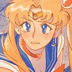  1girl bishoujo_senshi_sailor_moon blonde_hair blue_eyes blush choker circlet crescent crescent_earrings earrings eyelashes floor gem hair_ornament hammerings heart heart_choker highres jewelry long_hair looking_up meme parted_bangs red_choker red_gemstone sailor_collar sailor_moon sailor_moon_redraw_challenge_(meme) shirt sleeveless sleeveless_shirt solo sweat teeth tsukino_usagi twintails upper_body white_shirt 