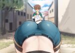  1boy 1girl ass ass_focus bent_over blurry brown_hair chris_(konosuba) highres holding holding_clothes holding_panties holding_underwear kono_subarashii_sekai_ni_shukufuku_wo! merrytail outdoors panties satou_kazuma shorts tree underwear 