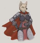  2021 anthro armor banoncat breast_armor canid canine canis cape clothing domestic_dog female gloves handwear hi_res holding_melee_weapon holding_object holding_sword holding_weapon leg_armor looking_aside mammal melee_weapon shoulder_guards solo sword vambrace weapon 