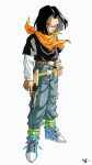  1boy android_17 bandana belt belt_pouch black_hair black_shirt blue_footwear blue_pants brown_belt denim dragon_ball dragon_ball_z full_body green_socks gun handgun highres holding holding_gun holding_weapon holster initial jeans kakeru_(dbskakeru) layered_sleeves long_sleeves looking_to_the_side orange_bandana pants pouch red_eyes shirt shoes short_over_long_sleeves short_sleeves simple_background socks solo straight_hair toriyama_akira_(style) torn_clothes torn_pants traditional_media two-tone_footwear weapon weapon_request white_background white_footwear white_sleeves 