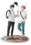  2boys bag black_hair black_hat closed_mouth flower hand_in_pocket hat highres kageyama_ritsu min_(ozux66699998899) mob_psycho_100 multiple_boys orange_hair pants pavement sandals shadow shirt short_hair shoulder_bag spiked_hair standing suzuki_shou white_shirt 