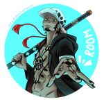  1boy 2023 black_hair black_nails chest_tattoo circle earrings english_commentary facial_hair goatee hand_tattoo hat highres holding holding_sword holding_weapon jewelry keysandcrosses looking_at_viewer male_focus one_piece short_hair sideburns solo sword tattoo trafalgar_law twitter_username weapon 