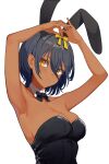  1girl absurdres agame_(agamemega) animal_ears armpits arms_up blue_hair blush bow bowtie breasts cleavage commentary_request detached_collar highres looking_at_viewer original playboy_bunny presenting_armpit rabbit_ears short_hair solo yellow_eyes 