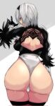  2b_(nier:automata) ass back_cutout black_gloves black_hairband boots clothing_cutout from_behind gloves grey_hair hairband highres huge_ass juliet_sleeves kinakomochi_(user_vedc2333) leotard long_sleeves looking_at_viewer looking_back mole mole_under_mouth nier:automata nier_(series) no_blindfold puffy_sleeves thighhighs thighhighs_under_boots thong_leotard white_leotard 