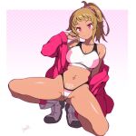  1girl 2024 alternate_eye_color alternate_skin_color batta_16-sei bra breasts brown_hair cameltoe cleavage ear_piercing earrings gundam gundam_build_fighters gundam_build_fighters_try gyaru highres hoshino_fumina jacket jewelry kneeling large_breasts long_hair looking_at_viewer midriff navel navel_piercing neo_zeon open_clothes open_jacket partially_visible_vulva piercing ponytail pubic_tattoo red_eyes red_jacket shoes signature simple_background smile solo solo_focus sports_bra spread_legs squatting tan tanlines tattoo thong underwear white_footwear 