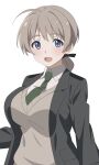  1girl breasts cardigan green_necktie grey_jacket highres huet-pc jacket large_breasts looking_at_viewer lynette_bishop military_uniform necktie open_mouth ponytail shirt simple_background smile solo strike_witches uniform upper_body white_background white_shirt world_witches_series 