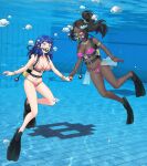  2girls alternate_costume bikini black_hair blue_hair breasts commission dark-skinned_female dark_blue_hair dark_skin fire_emblem fire_emblem_engage flippers highres holding_hands igni_tion medium_breasts multiple_girls orange_bikini oribe_tsubasa pink_bikini scuba_gear scuba_tank swimsuit timerra_(fire_emblem) tokyo_mirage_sessions_fe underwater 