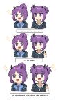  2girls :d arknights black_jacket black_shirt blue_shirt bright_pupils chibi hand_up hibiscus_(arknights) highres horns index_finger_raised jacket lava_(arknights) looking_at_viewer multiple_girls multiple_views necktie open_mouth purple_eyes purple_hair shirt short_hair siblings simple_background sisters smile tofudofu twintails white_background white_pupils 