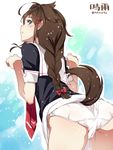  ass blue_eyes braid brown_hair character_name dog_tail from_behind hair_ribbon highres kantai_collection kemonomimi_mode long_hair looking_back necktie panties ribbon school_uniform serafuku shigure_(kantai_collection) single_braid skirt solo standing super_zombie tail translated twitter_username underwear white_panties 