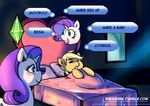  &lt;3 applejack_(mlp) bakki bed blonde_hair blue_eyes blush earth_pony english_text equine eyes_closed female friendship_is_magic gem hair horn horse mammal my_little_pony pillow pony purple_hair rarity_(mlp) sleeping text the_sims unicorn 