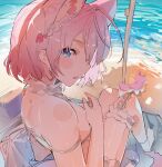  1girl absurdres animal_ears bare_shoulders barefoot beach bikini blue_eyes commentary hakui_koyori highres hololive looking_at_viewer looking_back ocean open_mouth outdoors pink_hair sakusa_nn short_hair sitting solo swimsuit virtual_youtuber 