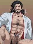  1boy abs bara beard black_hair brown_background censored censored_by_text chest_hair collarbone commentary_request cowboy_shot erection facial_hair grin highres japanese_clothes kimono leg_hair long_hair looking_at_viewer male_focus male_pubic_hair mature_male muscular muscular_male open_clothes open_kimono pectorals penis ponytail pubic_hair rise_of_the_ronin sakamoto_ryouma_(rise_of_the_ronin) shirako_(kirupi) sitting smile solo thick_eyebrows translation_request veins veiny_penis white_kimono 