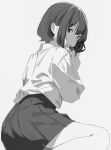  1girl bob_cut camera commentary_request from_behind greyscale hair_behind_ear highres holding holding_camera looking_at_viewer looking_back miniskirt monochrome original pleated_skirt shimkarom shirt short_hair simple_background sitting skirt solo_focus 