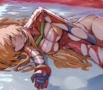  1girl beach between_legs blue_eyes bodysuit breasts chromatic_aberration evangelion:_3.0+1.0_thrice_upon_a_time hand_between_legs highres long_hair looking_at_viewer lying medium_breasts neon_genesis_evangelion on_side orange_hair pilot_suit plugsuit rebuild_of_evangelion red_bodysuit skindentation solo souryuu_asuka_langley torn_bodysuit torn_clothes yagisawa_teru 