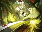  1girl animal_ears detached_sleeves hat inubashiri_momiji japanese_clothes leaf light long_sleeves looking_at_viewer maple_leaf profile red_eyes rikkido shirt short_hair skirt smile solo string sword tokin_hat touhou weapon white_hair wide_sleeves wolf_ears 