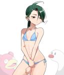  1girl blue_bra blue_panties blurry blurry_background bra breasts character_request closed_mouth collarbone ear_piercing genjitsu_o_miro grey_hair highres long_hair navel panties piercing pokemon pokemon_sv ponytail red_eyes rika_(pokemon) slowpoke small_breasts underwear 