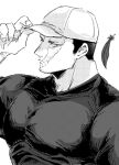  1boy 9_gopy alternate_costume bara baseball_cap boku_no_hero_academia commentary_request endeavor_(boku_no_hero_academia) feathers frown greyscale hat large_pectorals looking_at_viewer male_focus mature_male monochrome muscular muscular_male pectorals scar scar_across_eye scar_on_face shirt short_hair solo spiked_hair tight_clothes tight_shirt tsurime upper_body 