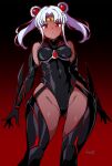  1girl 2024 alternate_hair_color alternate_skin_color arm_armor arm_blade armor batta_16-sei bishoujo_senshi_sailor_moon black_armor black_background black_leotard black_thighhighs blush breasts corruption covered_nipples dark-skinned_female dark_skin double_bun earrings forehead_jewel gradient_background hair_bun highres impossible_clothes jewelry latex latex_leotard leg_armor leotard looking_at_viewer medium_breasts red_background red_eyes sailor_moon short_twintails signature simple_background solo solo_focus thighhighs thighs tiara tsukino_usagi twintails weapon white_hair 