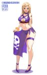  alternate_costume arm_tattoo bikini blonde_hair blue_eyes breasts flower flower_tattoo high_heels highres jenet_behrn kkzk61539201 large_breasts long_hair navel print_sarong purple_bikini purple_footwear purple_sarong red_flower red_rose rose sarong simple_background skull_print swimsuit tattoo the_king_of_fighters the_king_of_fighters_xv twitter_username white_background 