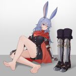  1girl absurdres animal_ears bare_legs barefoot blue_hair boots cape feet final_fantasy final_fantasy_xiv floor gloves highres legs long_hair lyna_(ff14) purple_eyes rabbit_ears simple_background sitting soles thigh_boots toenails toes unworn_boots wl217_(nicexa111) 