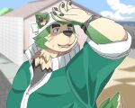  absurd_res anthro bandanna blush bodily_fluids canid canine canis clothing covering covering_face domestic_dog fur green_body green_fur hi_res jacket kerchief lifewonders live_a_hero male mammal mokdai overweight pawpads shading_eyes solo sweat topwear toto3_official 