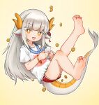  1girl :d barefoot bright_pupils cellphone chinese_commentary colored_eyelashes commentary_request dragon_girl fang feet frilled_shirt frills full_body grey_hair highres holding holding_phone kuma-bound long_hair open_mouth original phone print_shirt red_shorts shirt shorts simple_background smile soles solo tail toes white_pupils white_shirt yellow_background yellow_eyes 