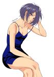  1girl alternate_costume bare_arms bare_shoulders black_eyes black_hair bleach blue_dress breasts cleavage collarbone contemporary crossed_legs dress eyelashes eyes_visible_through_hair feet_out_of_frame hand_up head_tilt highres hip_vent kuchiki_rukia looking_at_viewer parted_lips short_dress short_hair simple_background sitting sleeveless sleeveless_dress small_breasts solo strap_slip tsurime twitter_username white_background yshjsw 
